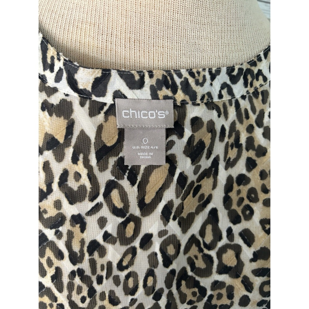 Chicos Small Leopard Print Ruffle Button Long Sleeve Sheer Top Women Size O - Picture 12 of 12